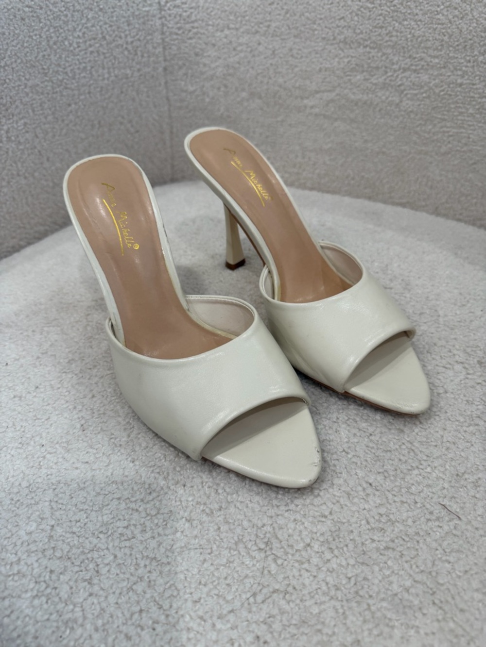 Anne Michelle White Open-Toe Mule Heels